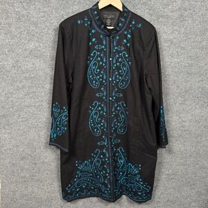 Anne Carson 1X Jacket Duster Black Blue Embroidered Paisley Peasant Linen Cotton
